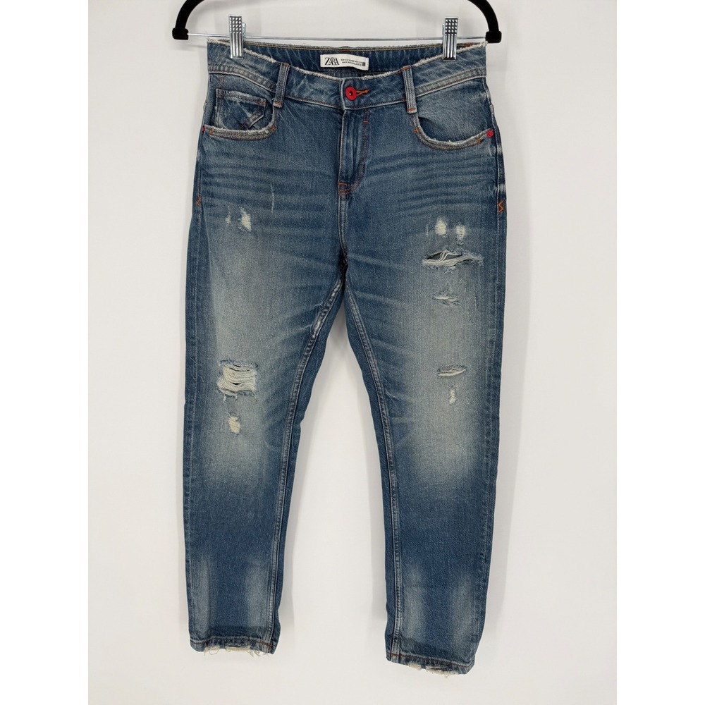 ZARA DISTRESSED TAPERED SKINNY JEANS RED BUTTON DETAIL SIZE‎ 2
